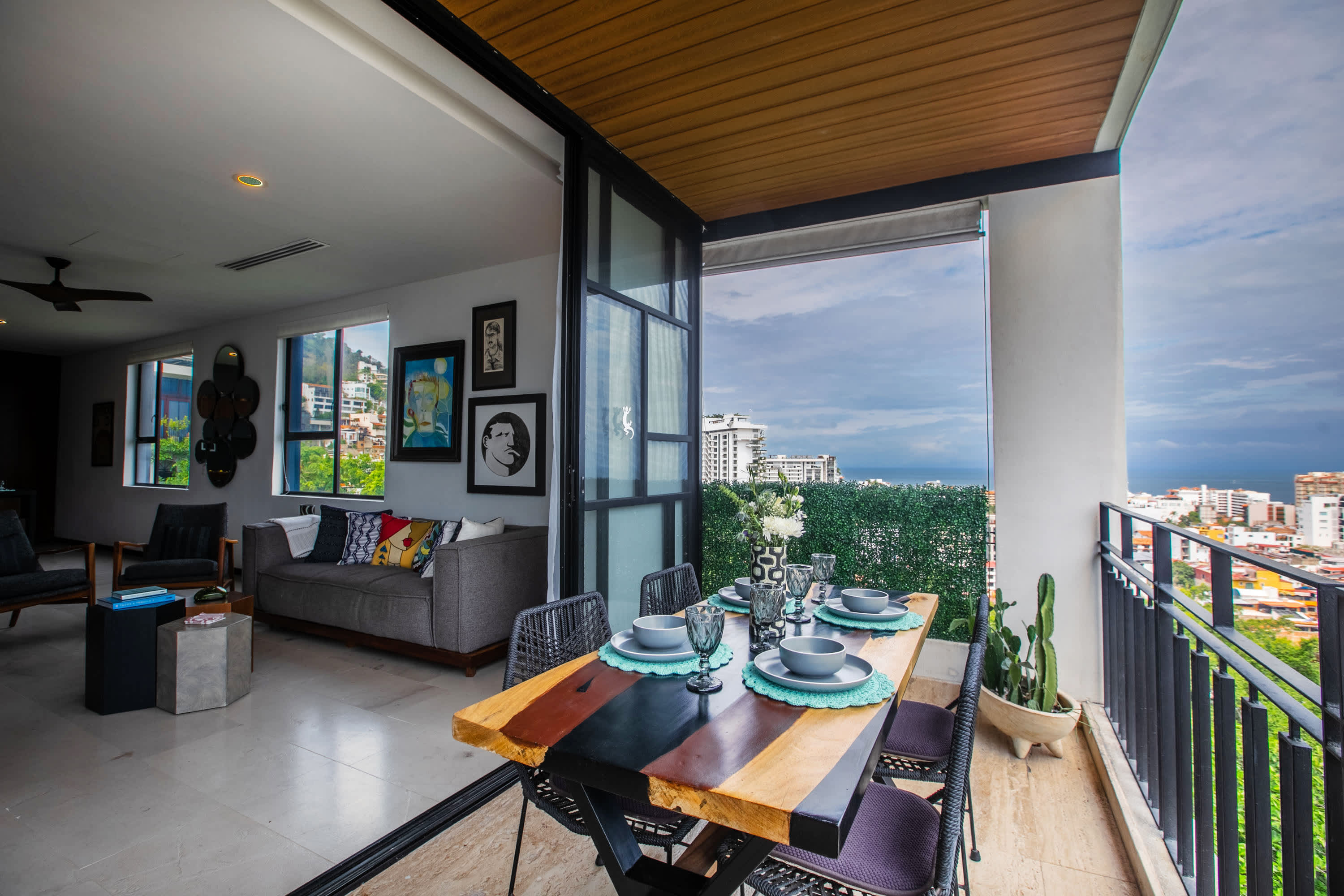 Terrace dining table with mountain backdrop